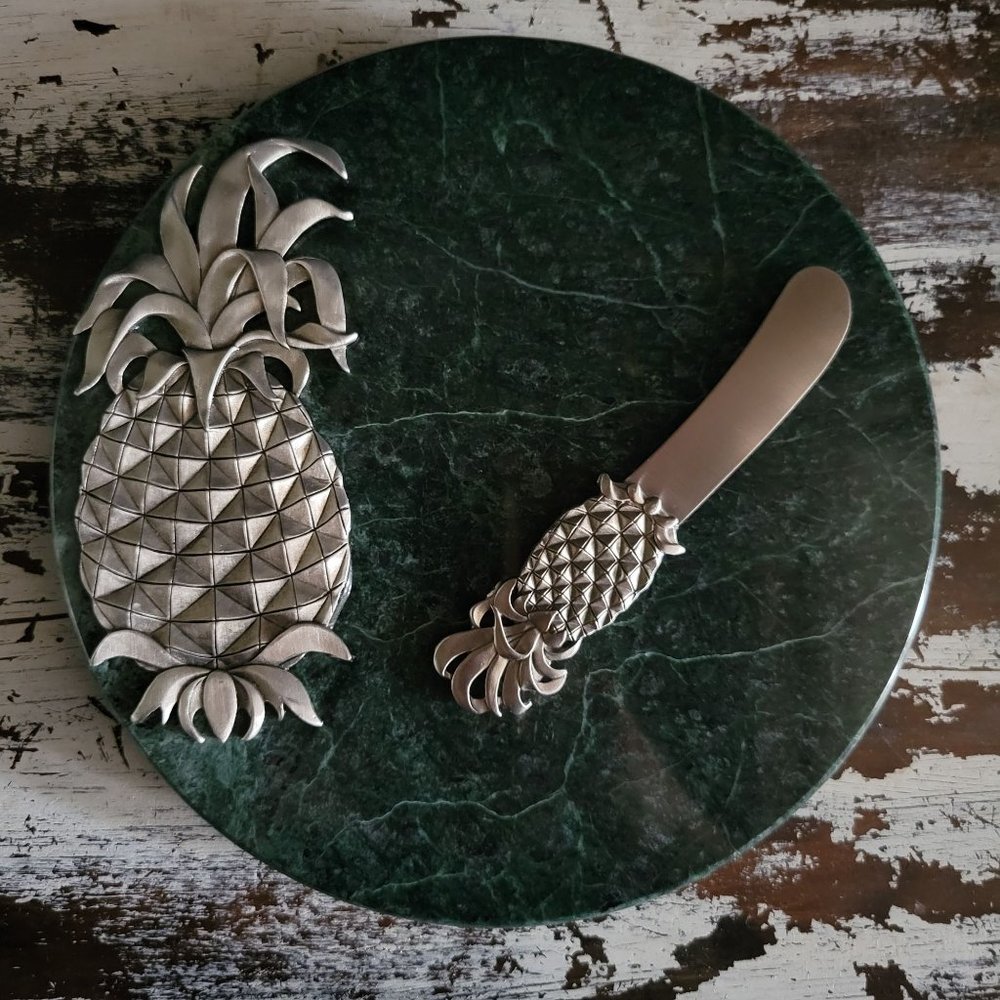 Vtg Lindsay Claire Fine Pewter Pineapple on Marble Cheese Board and Spreader